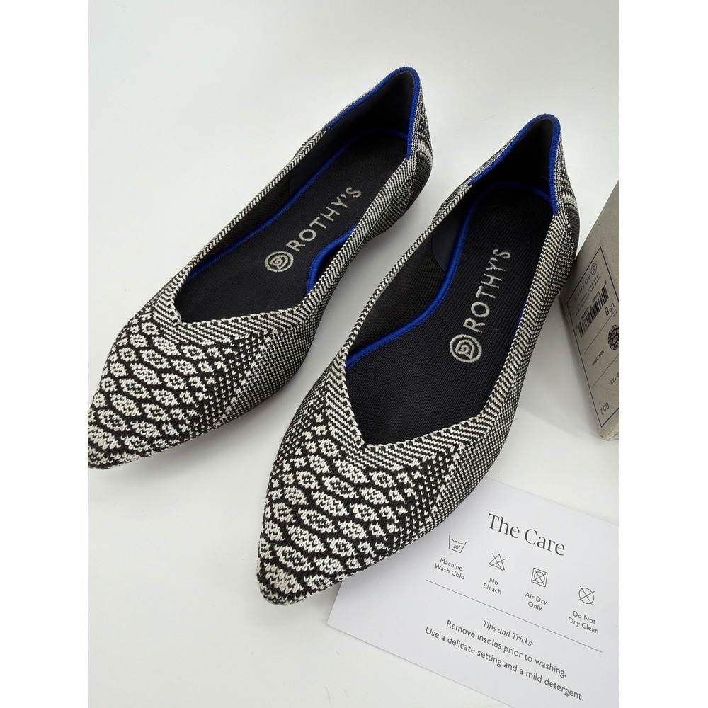 Rothy's The Point Black Python Snake Print Knit Pointed Toe Flats 8 002-128